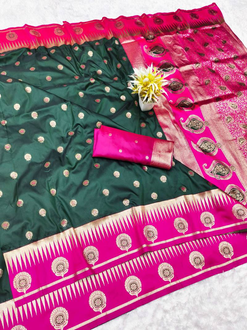 green zari woven banarasi silk blend traditional saree with blouse piece