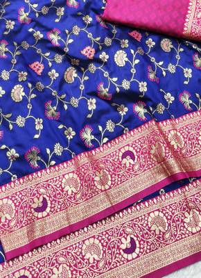 blue zari woven banarasi silk blend traditional saree with blouse piece 3