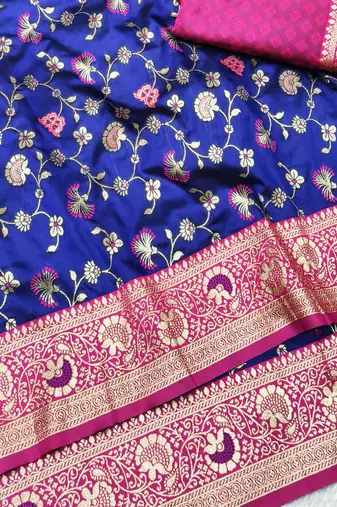 blue zari woven banarasi silk blend traditional saree with blouse piece