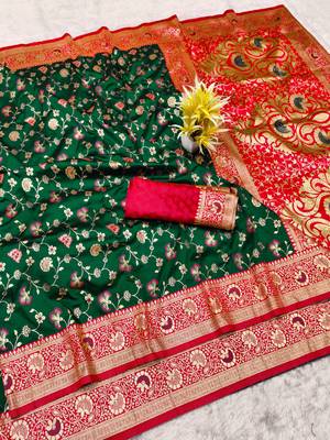 green zari woven banarasi silk blend traditional saree with blouse piece 1