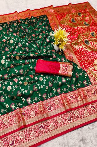 green zari woven banarasi silk blend traditional saree with blouse piece