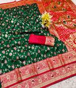 green zari woven banarasi silk blend traditional saree with blouse piece