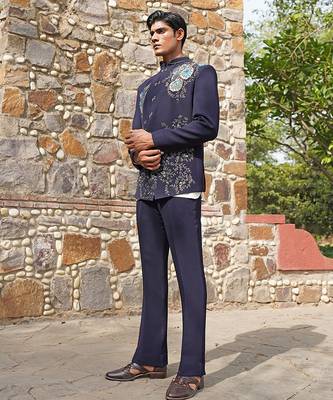 Navy blue embroidered silk blend bandhgala set 3