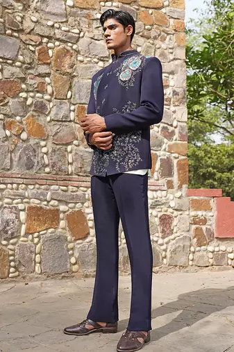 Navy blue embroidered silk blend bandhgala set
