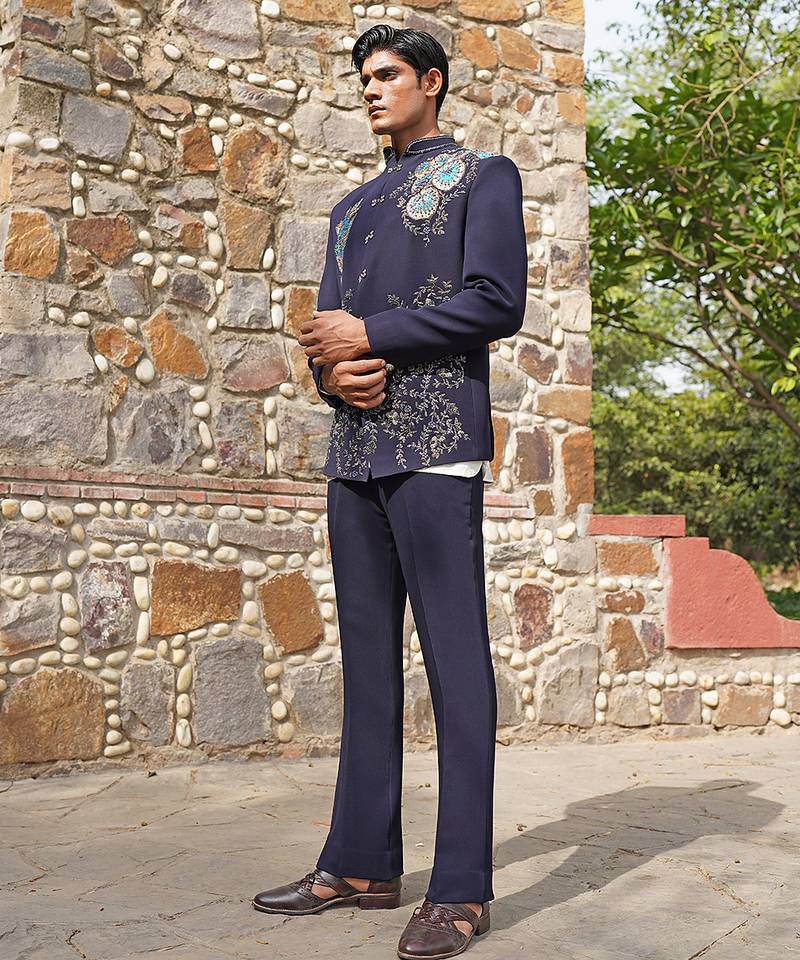 Navy blue embroidered silk blend bandhgala set