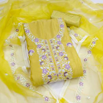 yellow embroidered glaze cotton unstitched dress material  1