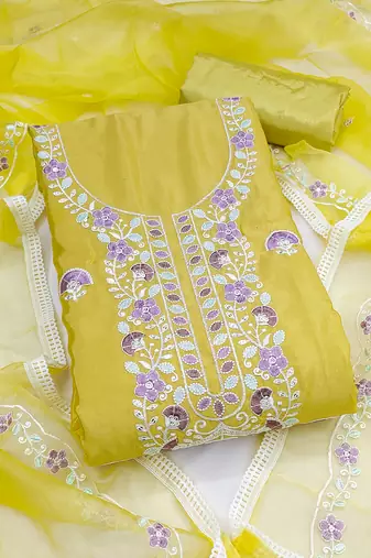 yellow embroidered glaze cotton unstitched dress material 