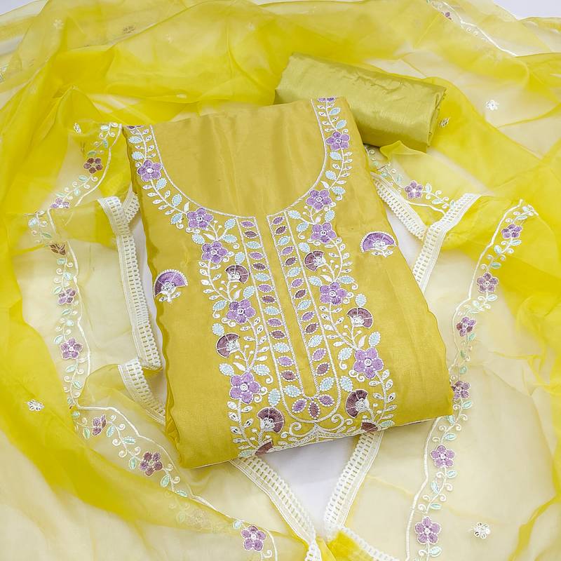 yellow embroidered glaze cotton unstitched dress material 