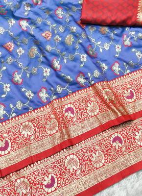 light blue zari woven banarasi silk blend traditional saree with blouse piece 3