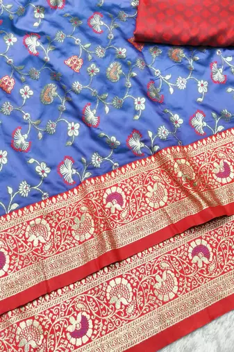 light blue zari woven banarasi silk blend traditional saree with blouse piece