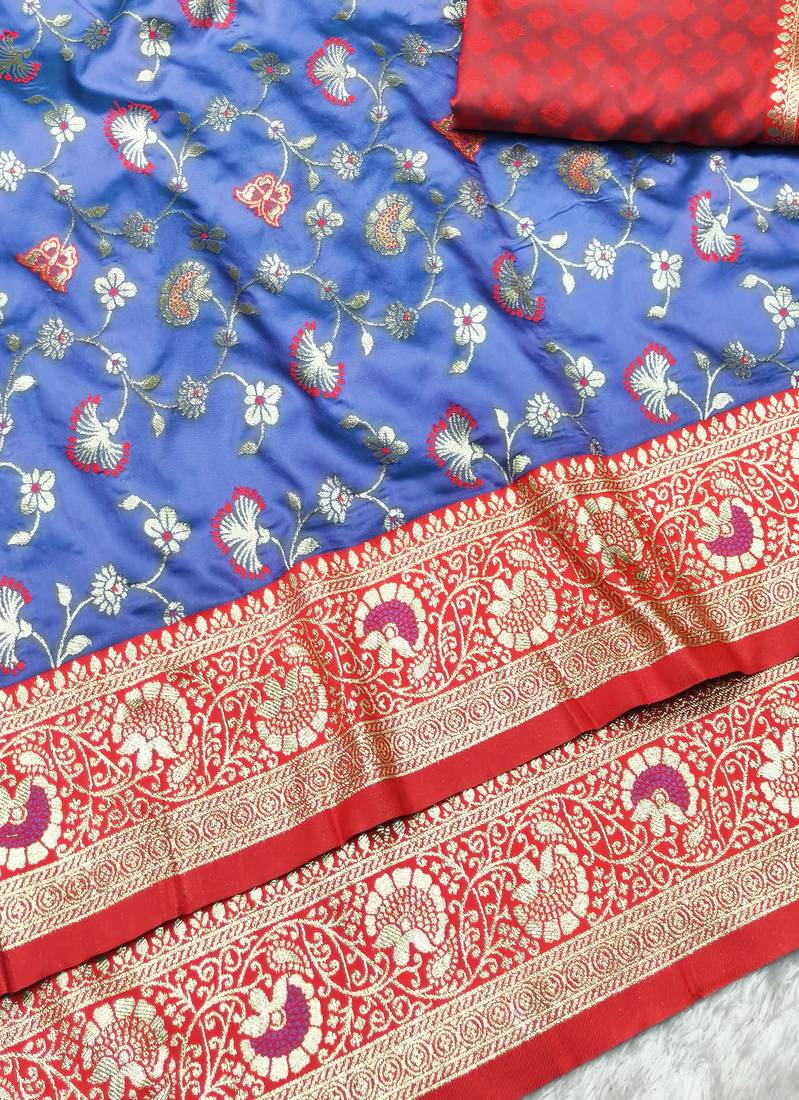 light blue zari woven banarasi silk blend traditional saree with blouse piece