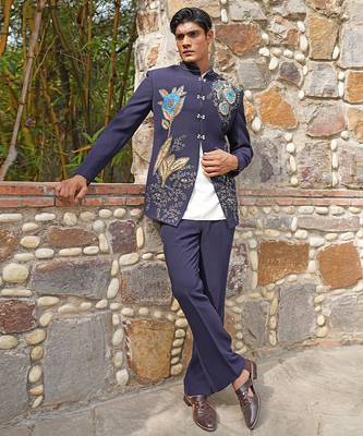 Navy blue embroidered silk blend bandhgala set 4