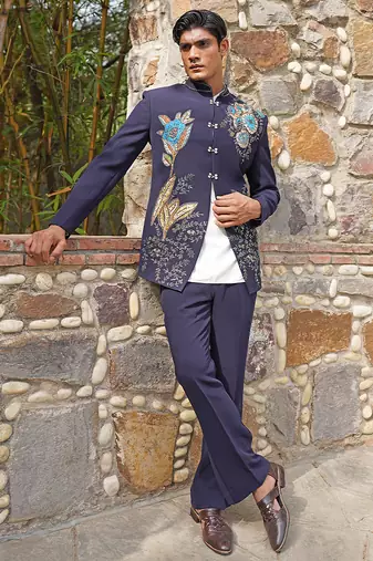 Navy blue embroidered silk blend bandhgala set
