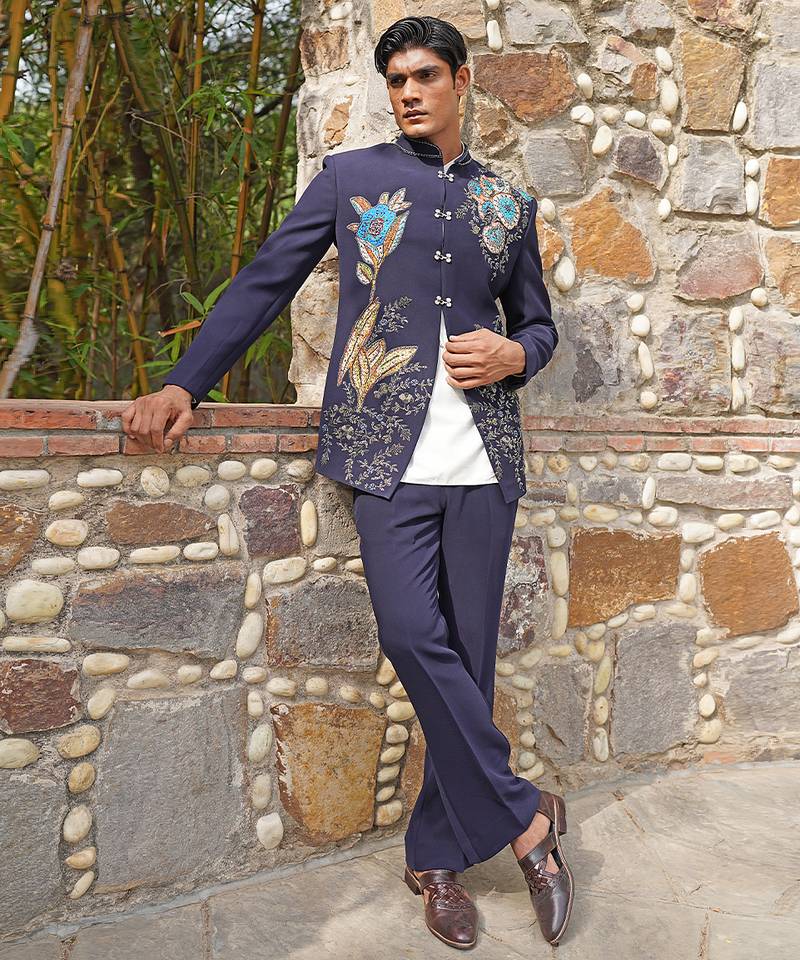Navy blue embroidered silk blend bandhgala set