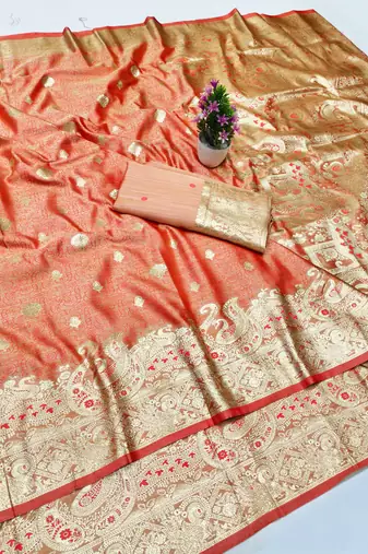 pink zari woven banarasi satin silk blend traditional saree with blouse piece
