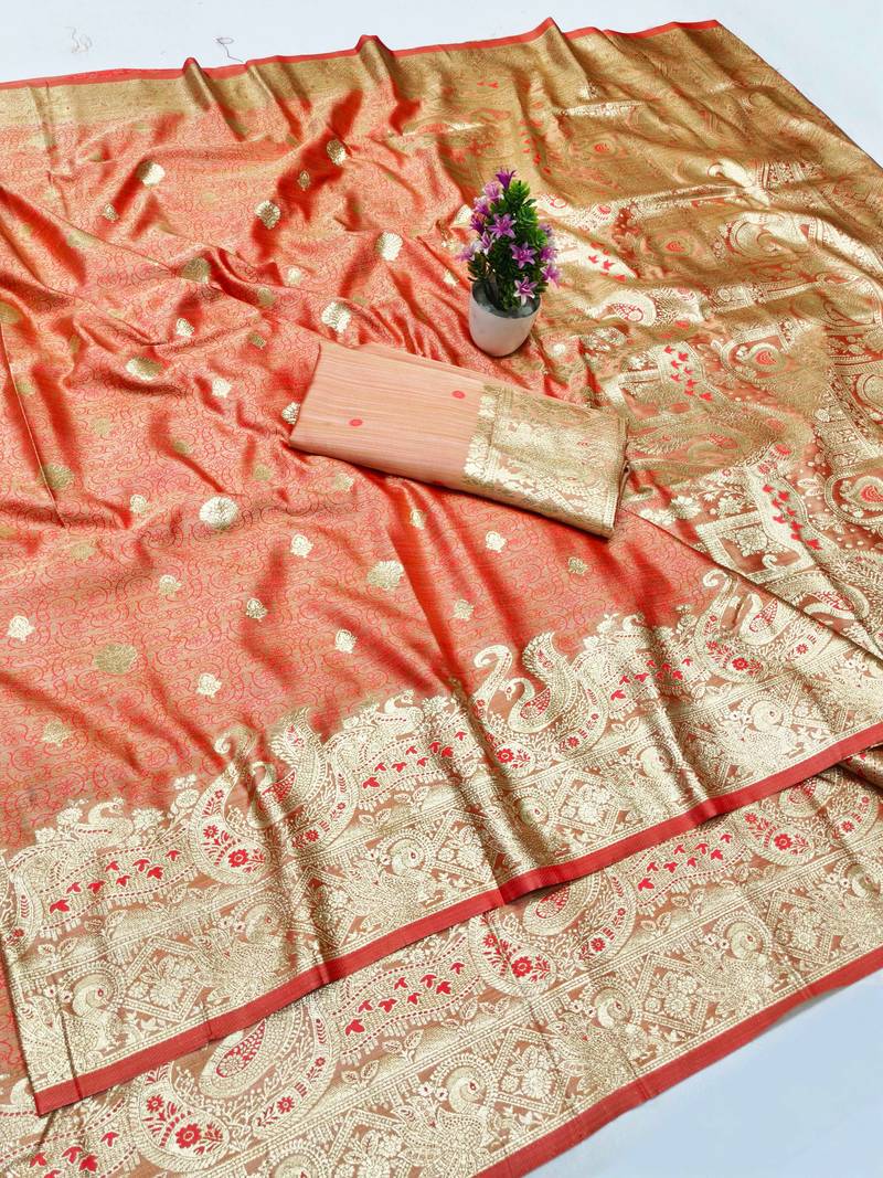 pink zari woven banarasi satin silk blend traditional saree with blouse piece
