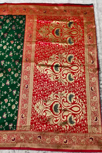 green zari woven banarasi silk blend traditional saree with blouse piece