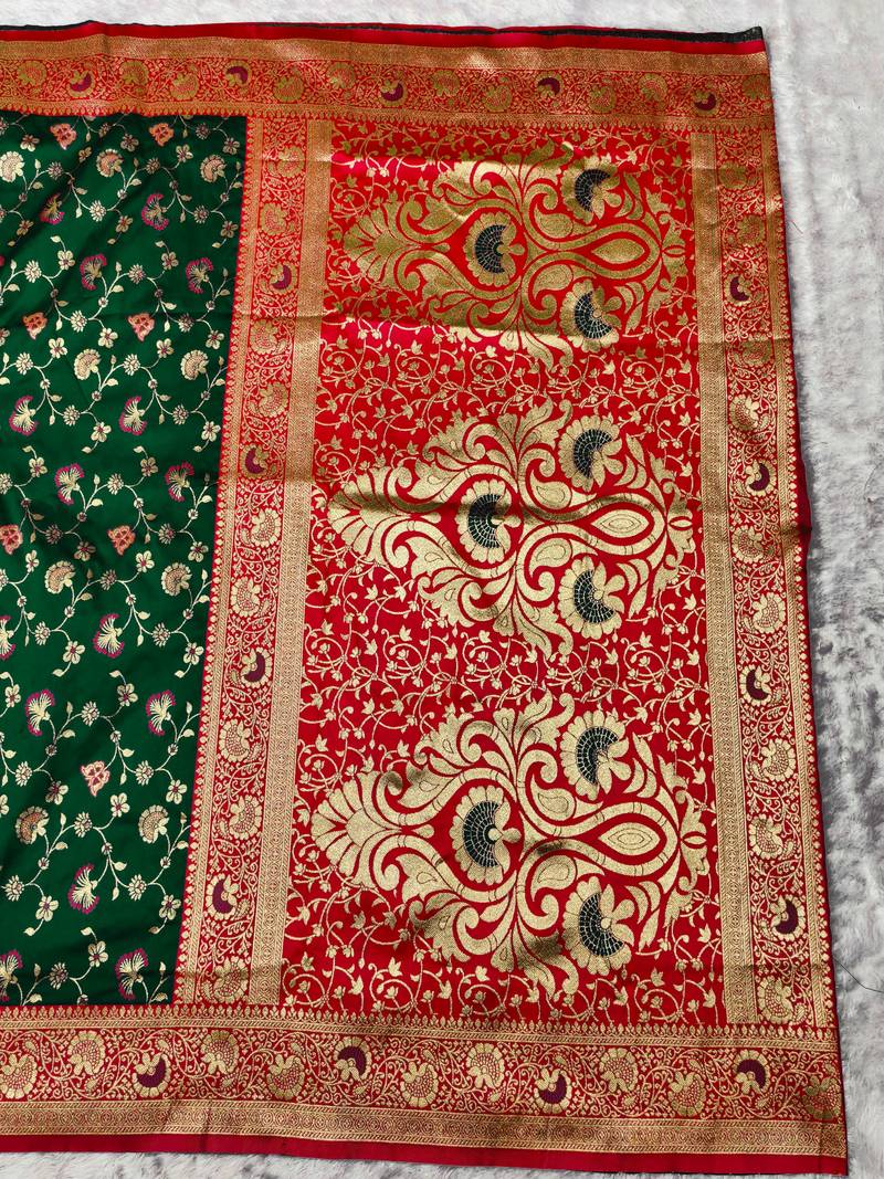 green zari woven banarasi silk blend traditional saree with blouse piece