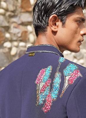 Navy blue embroidered silk blend bandhgala set 5