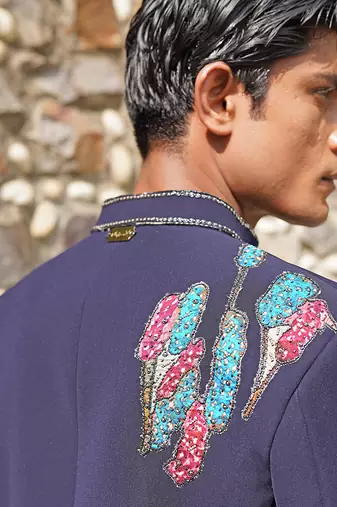 Navy blue embroidered silk blend bandhgala set