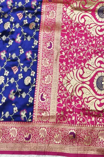 blue zari woven banarasi silk blend traditional saree with blouse piece