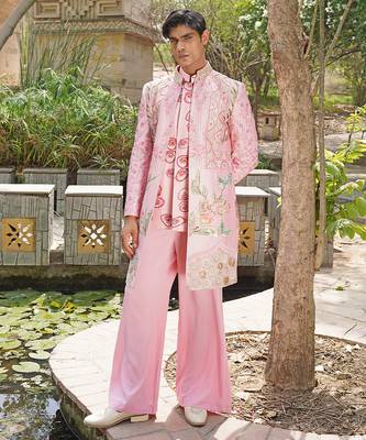 Pink embroidered silk blend indo western jacket set 1
