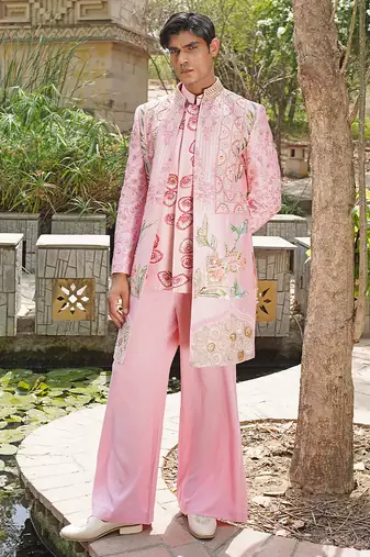 Pink embroidered silk blend indo western jacket set