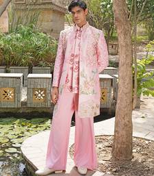 Pink embroidered silk blend indo western jacket set