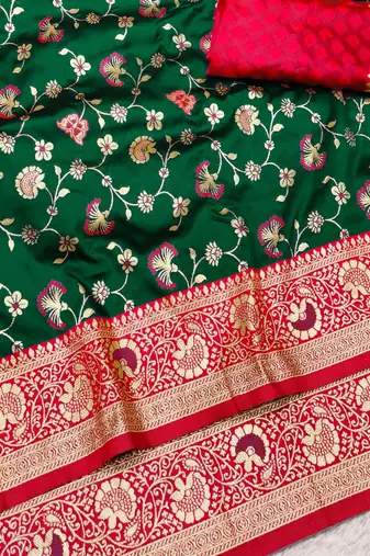 green zari woven banarasi silk blend traditional saree with blouse piece