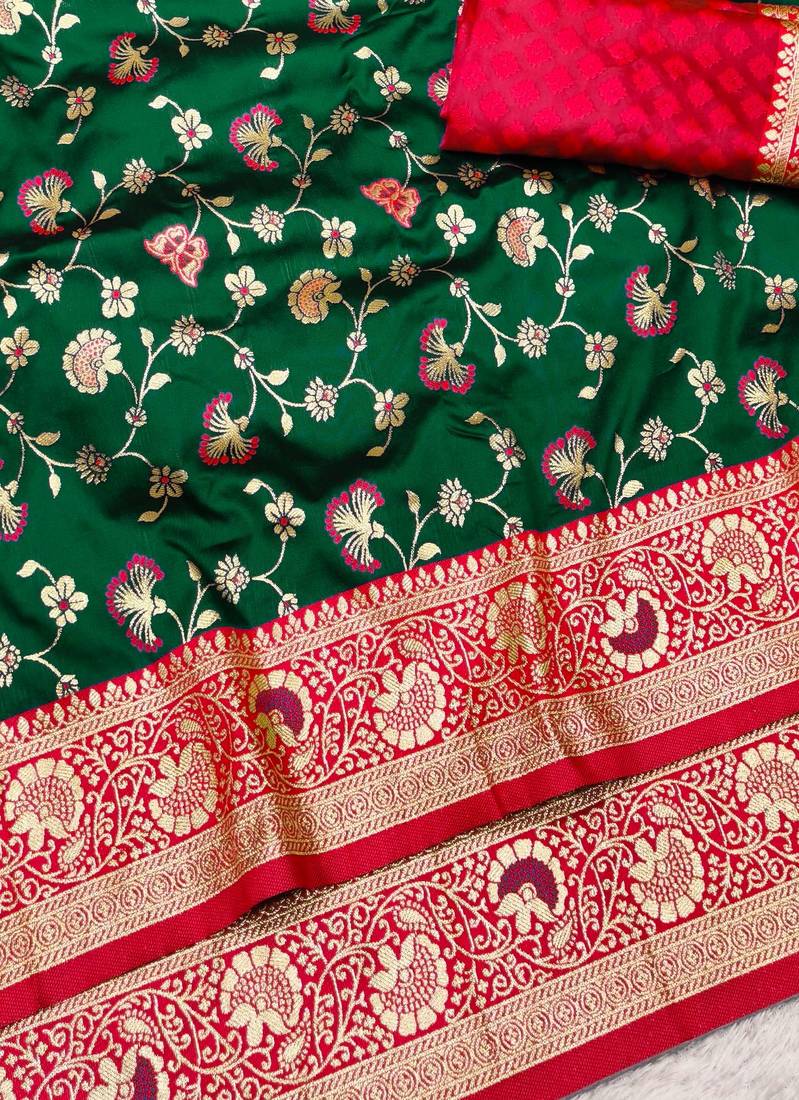 green zari woven banarasi silk blend traditional saree with blouse piece