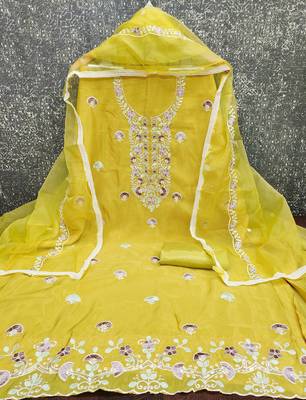 yellow embroidered glaze cotton unstitched dress material  2