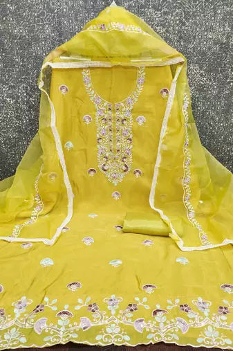 yellow embroidered glaze cotton unstitched dress material 