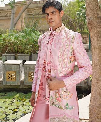 Pink embroidered silk blend indo western jacket set 2