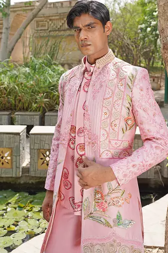 Pink embroidered silk blend indo western jacket set