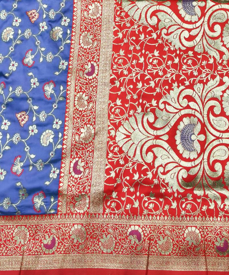 light blue zari woven banarasi silk blend traditional saree with blouse piece