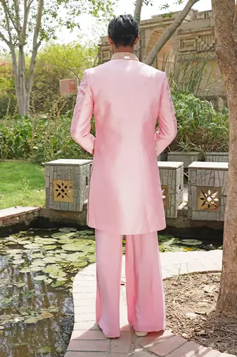 Pink embroidered silk blend indo western jacket set