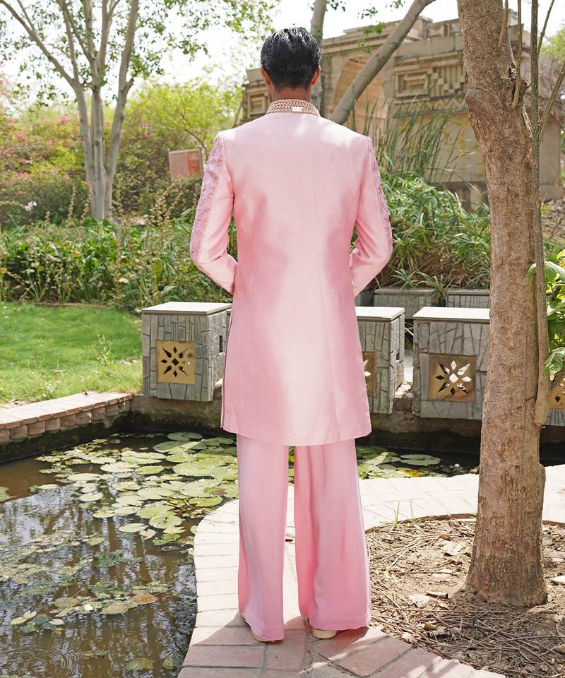 Pink embroidered silk blend indo western jacket set