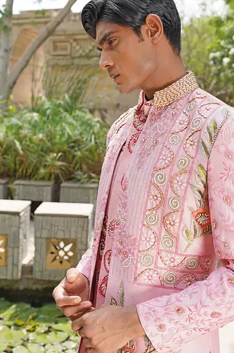 Pink embroidered silk blend indo western jacket set