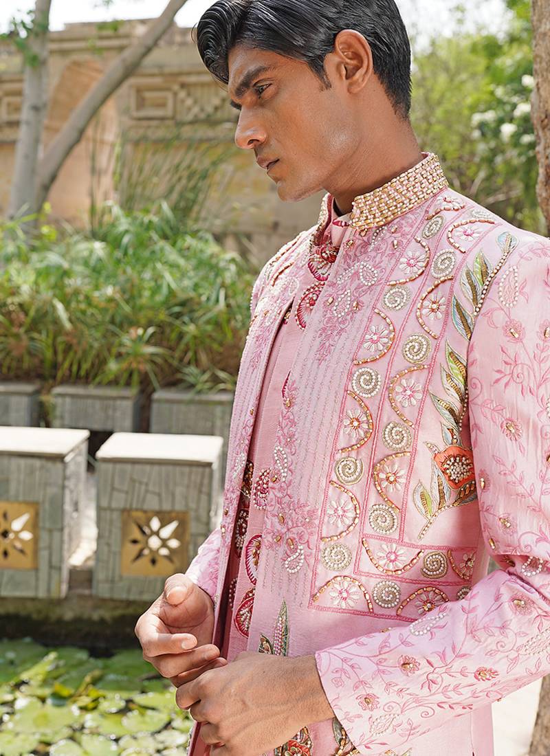 Pink embroidered silk blend indo western jacket set