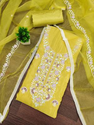 yellow embroidered glaze cotton unstitched dress material  3