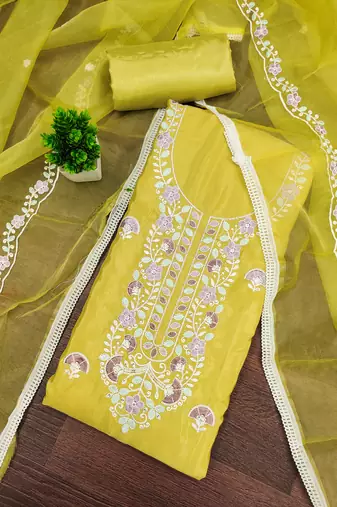 yellow embroidered glaze cotton unstitched dress material 