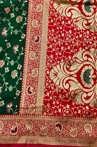 green zari woven banarasi silk blend traditional saree with blouse piece