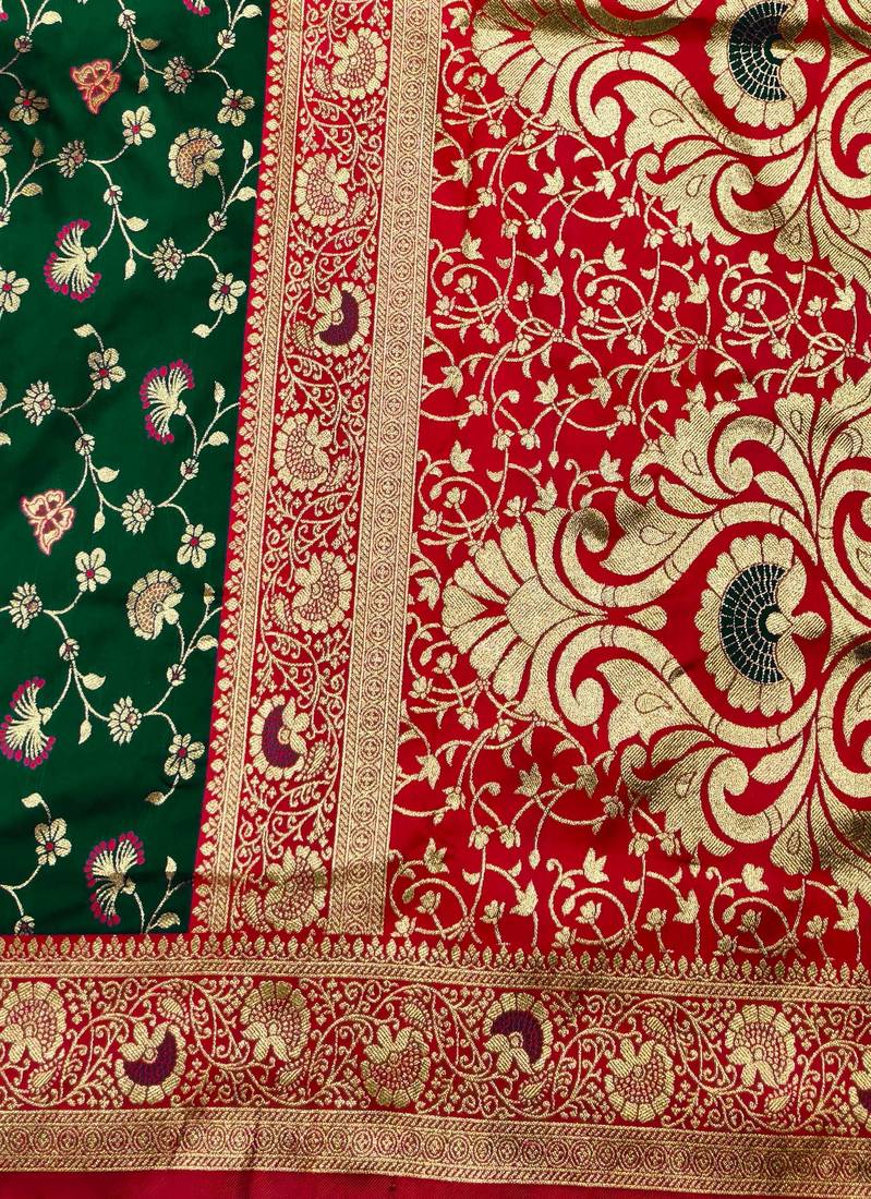 green zari woven banarasi silk blend traditional saree with blouse piece
