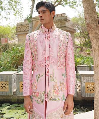 Pink embroidered silk blend indo western jacket set 5