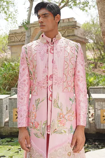 Pink embroidered silk blend indo western jacket set