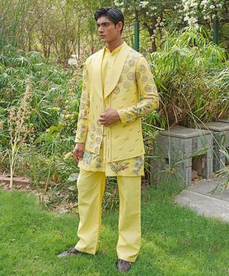Yellow embroidered silk blend kurta jacket set 1