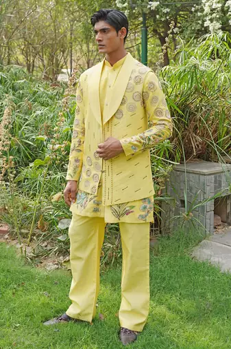 Yellow embroidered silk blend kurta jacket set