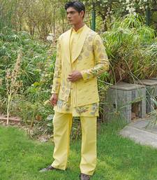 Yellow embroidered silk blend kurta jacket set