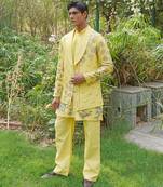 Yellow embroidered silk blend kurta jacket set