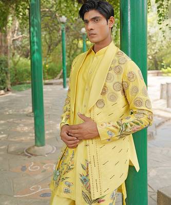 Yellow embroidered silk blend kurta jacket set 2